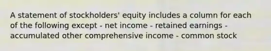 A statement of stockholders' equity includes a column for each of the following except - net income - retained earnings - accumulated other comprehensive income - common stock