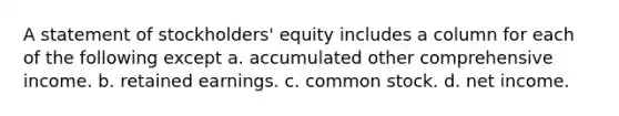 A statement of stockholders' equity includes a column for each of the following except a. accumulated other comprehensive income. b. retained earnings. c. common stock. d. net income.