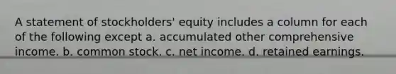 A statement of stockholders' equity includes a column for each of the following except a. accumulated other comprehensive income. b. common stock. c. net income. d. retained earnings.