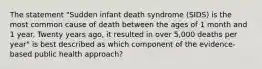 The statement "Sudden infant death syndrome (SIDS) is the most common cause of death between the ages of 1 month and 1 year. Twenty years ago, it resulted in over 5,000 deaths per year" is best described as which component of the evidence-based public health approach?