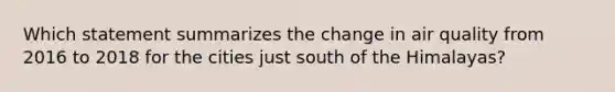 Which statement summarizes the change in air quality from 2016 to 2018 for the cities just south of the Himalayas?