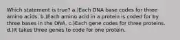 Which statement is true? a.)Each DNA base codes for three amino acids. b.)Each amino acid in a protein is coded for by three bases in the DNA. c.)Each gene codes for three proteins. d.)It takes three genes to code for one protein.