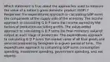 Which statement is true about the approaches used to measure the value of a nation's gross domestic product (GDP) ? Responses The expenditures approach to calculating GDP sums the components of the supply side of the economy. The income approach to calculating G D P sums the income earned by the factors of production excluding profits. The value-added approach to calculating G D P sums the final monetary value of output at each stage of production. The expenditures approach to calculating G D P sums the market value of all final goods and services produced by foreigners in a given period of time., The expenditures approach to calculating GDP sums consumption spending, investment spending, government spending, and net exports.