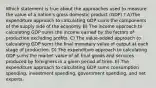 Which statement is true about the approaches used to measure the value of a nation's gross domestic product (GDP) ? A)The expenditure approach to calculating GDP sums the components of the supply side of the economy. B) The income approach to calculating GDP sums the income earned by the factors of production excluding profits. C) The value-added approach to calculating GDP sums the final monetary value of output at each stage of production. D) The expenditure approach to calculating GDP sums the market value of all final goods and services produced by foreigners in a given period of time. E) The expenditure approach to calculating GDP sums consumption spending, investment spending, government spending, and net exports.