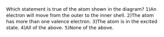 Which statement is true of the atom shown in the diagram? 1)An electron will move from the outer to the inner shell. 2)The atom has more than one valence electron. 3)The atom is in the excited state. 4)All of the above. 5)None of the above.