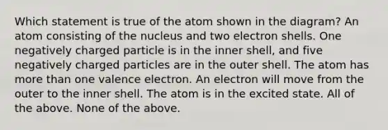 Which statement is true of the atom shown in the diagram? An atom consisting of the nucleus and two electron shells. One negatively charged particle is in the inner shell, and five negatively charged particles are in the outer shell. The atom has more than one valence electron. An electron will move from the outer to the inner shell. The atom is in the excited state. All of the above. None of the above.