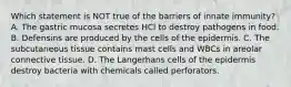 Which statement is NOT true of the barriers of innate immunity? A. The gastric mucosa secretes HCl to destroy pathogens in food. B. Defensins are produced by the cells of the epidermis. C. The subcutaneous tissue contains mast cells and WBCs in areolar connective tissue. D. The Langerhans cells of the epidermis destroy bacteria with chemicals called perforators.