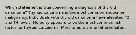 Which statement is true concerning a diagnosis of thyroid carcinoma? Thyroid carcinoma is the most common endocrine malignancy. Individuals with thyroid carcinoma have elevated T3 and T4 levels. Heredity appears to be the most common risk factor for thyroid carcinoma. Most tumors are undifferentiated.