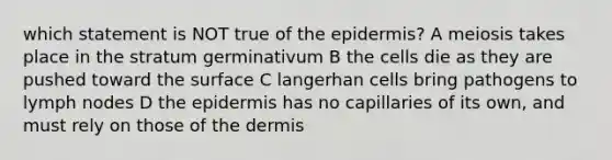 which statement is NOT true of <a href='https://www.questionai.com/knowledge/kBFgQMpq6s-the-epidermis' class='anchor-knowledge'>the epidermis</a>? A meiosis takes place in the stratum germinativum B the cells die as they are pushed toward the surface C langerhan cells bring pathogens to lymph nodes D the epidermis has no capillaries of its own, and must rely on those of <a href='https://www.questionai.com/knowledge/kEsXbG6AwS-the-dermis' class='anchor-knowledge'>the dermis</a>