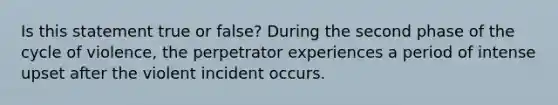 Is this statement true or false? During the second phase of the cycle of violence, the perpetrator experiences a period of intense upset after the violent incident occurs.