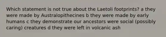 Which statement is not true about the Laetoli footprints? a they were made by Australopithecines b they were made by early humans c they demonstrate our ancestors were social (possibly caring) creatures d they were left in volcanic ash