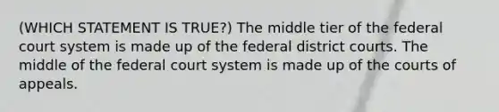 (WHICH STATEMENT IS TRUE?) The middle tier of the federal court system is made up of the federal district courts. The middle of the federal court system is made up of the courts of appeals.