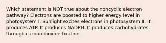 Which statement is NOT true about the noncyclic electron pathway? Electrons are boosted to higher energy level in photosystem I. Sunlight excites electrons in photosystem II. It produces ATP. It produces NADPH. It produces carbohydrates through carbon dioxide fixation.