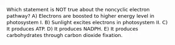 Which statement is NOT true about the noncyclic electron pathway? A) Electrons are boosted to higher energy level in photosystem I. B) Sunlight excites electrons in photosystem II. C) It produces ATP. D) It produces NADPH. E) It produces carbohydrates through carbon dioxide fixation.