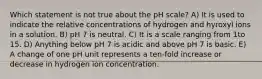 Which statement is not true about the pH scale? A) It is used to indicate the relative concentrations of hydrogen and hyroxyl ions in a solution. B) pH 7 is neutral. C) It is a scale ranging from 1to 15. D) Anything below pH 7 is acidic and above pH 7 is basic. E) A change of one pH unit represents a ten-fold increase or decrease in hydrogen ion concentration.