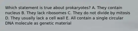 Which statement is true about prokaryotes? A. They contain nucleus B. They lack ribosomes C. They do not divide by mitosis D. They usually lack a cell wall E. All contain a single circular DNA molecule as genetic material