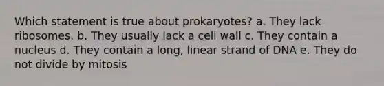 Which statement is true about prokaryotes? a. They lack ribosomes. b. They usually lack a cell wall c. They contain a nucleus d. They contain a long, linear strand of DNA e. They do not divide by mitosis