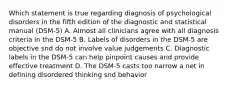 Which statement is true regarding diagnosis of psychological disorders in the fifth edition of the diagnostic and statistical manual (DSM-5) A. Almost all clinicians agree with all diagnosis criteria in the DSM-5 B. Labels of disorders in the DSM-5 are objective snd do not involve value judgements C. Diagnostic labels in the DSM-5 can help pinpoint causes and provide effective treatment D. The DSM-5 casts too narrow a net in defining disordered thinking snd behavior