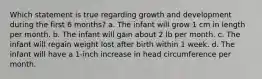 Which statement is true regarding growth and development during the first 6 months? a. The infant will grow 1 cm in length per month. b. The infant will gain about 2 lb per month. c. The infant will regain weight lost after birth within 1 week. d. The infant will have a 1-inch increase in head circumference per month.