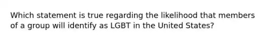 Which statement is true regarding the likelihood that members of a group will identify as LGBT in the United States?