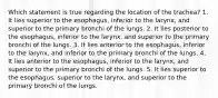 Which statement is true regarding the location of the trachea? 1. It lies superior to the esophagus, inferior to the larynx, and superior to the primary bronchi of the lungs. 2. It lies posterior to the esophagus, inferior to the larynx, and superior to the primary bronchi of the lungs. 3. It lies anterior to the esophagus, inferior to the larynx, and inferior to the primary bronchi of the lungs. 4. It lies anterior to the esophagus, inferior to the larynx, and superior to the primary bronchi of the lungs. 5. It lies superior to the esophagus, superior to the larynx, and superior to the primary bronchi of the lungs.