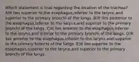 Which statement is true regarding the location of the trachea? A)It lies superior to the esophagus,inferior to the larynx,and superior to the primary bronchi of the lungs. B)It lies posterior to the esophagus,inferior to the larynx,and superior to the primary bronchi of the lungs. C)It lies anterior to the esophagus,inferior to the larynx,and inferior to the primary bronchi of the lungs. D)It lies anterior to the esophagus,inferior to the larynx,and superior to the primary bronchi of the lungs. E)It lies superior to the esophagus,superior to the larynx,and superior to the primary bronchi of the lungs.