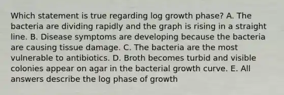 Which statement is true regarding log growth phase? A. The bacteria are dividing rapidly and the graph is rising in a straight line. B. Disease symptoms are developing because the bacteria are causing tissue damage. C. The bacteria are the most vulnerable to antibiotics. D. Broth becomes turbid and visible colonies appear on agar in the bacterial growth curve. E. All answers describe the log phase of growth