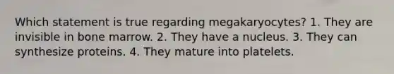 Which statement is true regarding megakaryocytes? 1. They are invisible in bone marrow. 2. They have a nucleus. 3. They can synthesize proteins. 4. They mature into platelets.