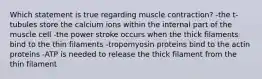 Which statement is true regarding muscle contraction? -the t-tubules store the calcium ions within the internal part of the muscle cell -the power stroke occurs when the thick filaments bind to the thin filaments -tropomyosin proteins bind to the actin proteins -ATP is needed to release the thick filament from the thin filament