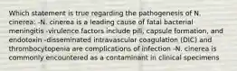 Which statement is true regarding the pathogenesis of N. cinerea: -N. cinerea is a leading cause of fatal bacterial meningitis -virulence factors include pili, capsule formation, and endotoxin -disseminated intravascular coagulation (DIC) and thrombocytopenia are complications of infection -N. cinerea is commonly encountered as a contaminant in clinical specimens