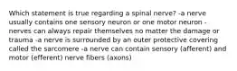 Which statement is true regarding a spinal nerve? -a nerve usually contains one sensory neuron or one motor neuron -nerves can always repair themselves no matter the damage or trauma -a nerve is surrounded by an outer protective covering called the sarcomere -a nerve can contain sensory (afferent) and motor (efferent) nerve fibers (axons)