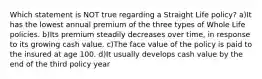 Which statement is NOT true regarding a Straight Life policy? a)It has the lowest annual premium of the three types of Whole Life policies. b)Its premium steadily decreases over time, in response to its growing cash value. c)The face value of the policy is paid to the insured at age 100. d)It usually develops cash value by the end of the third policy year