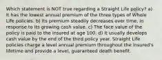 Which statement is NOT true regarding a Straight Life policy? a) It has the lowest annual premium of the three types of Whole Life policies. b) Its premium steadily decreases over time, in response to its growing cash value. c) The face value of the policy is paid to the insured at age 100. d) It usually develops cash value by the end of the third policy year. Straight Life policies charge a level annual premium throughout the insured's lifetime and provide a level, guaranteed death benefit.