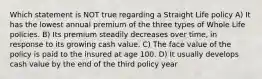 Which statement is NOT true regarding a Straight Life policy A) It has the lowest annual premium of the three types of Whole Life policies. B) Its premium steadily decreases over time, in response to its growing cash value. C) The face value of the policy is paid to the insured at age 100. D) It usually develops cash value by the end of the third policy year