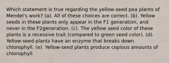 Which statement is true regarding the yellow-seed pea plants of Mendel's work? (a). All of these choices are correct. (b). Yellow seeds in these plants only appear in the F1 generation, and never in the F2generation. (c). The yellow seed color of these plants is a recessive trait (compared to green seed color). (d). Yellow-seed plants have an enzyme that breaks down chlorophyll. (e). Yellow-seed plants produce copious amounts of chlorophyll.