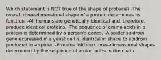 Which statement is NOT true of the shape of proteins? -The overall three-dimensional shape of a protein determines its function. -All humans are genetically identical and, therefore, produce identical proteins. -The sequence of amino acids in a protein is determined by a person's genes. -A spider spidroin gene expressed in a yeast cell is identical in shape to spidroin produced in a spider. -Proteins fold into three-dimensional shapes determined by the sequence of amino acids in the chain.