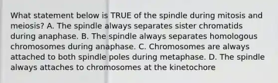 What statement below is TRUE of the spindle during mitosis and meiosis? A. The spindle always separates sister chromatids during anaphase. B. The spindle always separates homologous chromosomes during anaphase. C. Chromosomes are always attached to both spindle poles during metaphase. D. The spindle always attaches to chromosomes at the kinetochore