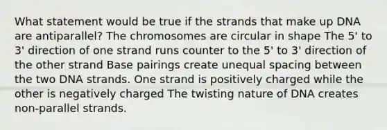 What statement would be true if the strands that make up DNA are antiparallel? The chromosomes are circular in shape The 5' to 3' direction of one strand runs counter to the 5' to 3' direction of the other strand Base pairings create unequal spacing between the two DNA strands. One strand is positively charged while the other is negatively charged The twisting nature of DNA creates non-parallel strands.