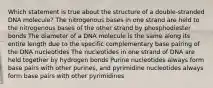 Which statement is true about the structure of a double-stranded DNA molecule? The nitrogenous bases in one strand are held to the nitrogenous bases of the other strand by phosphodiester bonds The diameter of a DNA molecule is the same along its entire length due to the specific complementary base pairing of the DNA nucleotides The nucleotides in one strand of DNA are held together by hydrogen bonds Purine nucleotides always form base pairs with other purines, and pyrimidine nucleotides always form base pairs with other pyrimidines