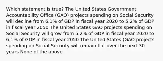 Which statement is true? The United States Government Accountability Office (GAO) projects spending on Social Security will decline from 6.1% of GDP in fiscal year 2020 to 5.2% of GDP in fiscal year 2050 The United States GAO projects spending on Social Security will grow from 5.2% of GDP in fiscal year 2020 to 6.1% of GDP in fiscal year 2050 The United States (GAO projects spending on Social Security will remain flat over the next 30 years None of the above