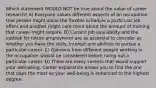 Which statement WOULD NOT be true about the value of career research? A) Everyone values different aspects of an occupation. One person might value the flexible schedule a particular job offers and another might care more about the amount of training that career might require. B) Current job availability and the outlook for future employment are as essential to consider as whether you have the skills, interest and abilities to pursue a particular career. C) Opinions from different people working in the occupation should be considered before ruling out a particular career. D) There are many careers that would support your well-being. Career exploration allows you to find the one that pays the most so your well-being is enhanced to the highest degree.