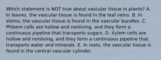 Which statement is NOT true about vascular tissue in plants? A. In leaves, the vascular tissue is found in the leaf veins. B. In stems, the vascular tissue is found in the vascular bundles. C. Phloem cells are hollow and nonliving, and they form a continuous pipeline that transports sugars. D. Xylem cells are hollow and nonliving, and they form a continuous pipeline that transports water and minerals. E. In roots, the vascular tissue is found in the central vascular cylinder.