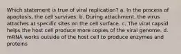 Which statement is true of viral replication? a. In the process of apoptosis, the cell survives. b. During attachment, the virus attaches at specific sites on the cell surface. c. The viral capsid helps the host cell produce more copies of the viral genome. d. mRNA works outside of the host cell to produce enzymes and proteins