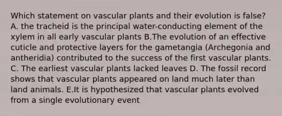 Which statement on vascular plants and their evolution is false? A. the tracheid is the principal water-conducting element of the xylem in all early vascular plants B.The evolution of an effective cuticle and protective layers for the gametangia (Archegonia and antheridia) contributed to the success of the first vascular plants. C. The earliest vascular plants lacked leaves D. The fossil record shows that vascular plants appeared on land much later than land animals. E.It is hypothesized that vascular plants evolved from a single evolutionary event