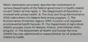 Which statements accurately describe the involvement of various departments of the federal government in health-related issues? Select all that apply. A. The Department of Education is involved with school health. B. The Food and Drug Administration (FDA) administers the federal food stamp program. C. The Environmental Protection Agency (EPA) monitors and regulates environmental health hazards. D. The Department of Agriculture (USDA) provides funds for Women, Infants, and Children (WIC) program. E. The Department of Health and Human Services (DHHS) has sole administrative responsibilities for all programs related to health.