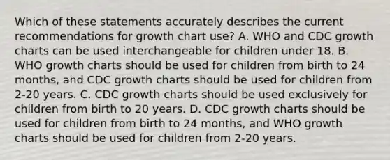 Which of these statements accurately describes the current recommendations for growth chart use? A. WHO and CDC growth charts can be used interchangeable for children under 18. B. WHO growth charts should be used for children from birth to 24 months, and CDC growth charts should be used for children from 2-20 years. C. CDC growth charts should be used exclusively for children from birth to 20 years. D. CDC growth charts should be used for children from birth to 24 months, and WHO growth charts should be used for children from 2-20 years.