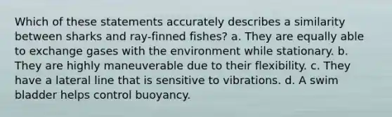 Which of these statements accurately describes a similarity between sharks and ray-finned fishes? a. They are equally able to exchange gases with the environment while stationary. b. They are highly maneuverable due to their flexibility. c. They have a lateral line that is sensitive to vibrations. d. A swim bladder helps control buoyancy.