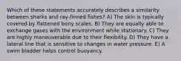 Which of these statements accurately describes a similarity between sharks and ray-finned fishes? A) The skin is typically covered by flattened bony scales. B) They are equally able to exchange gases with the environment while stationary. C) They are highly maneuverable due to their flexibility. D) They have a lateral line that is sensitive to changes in water pressure. E) A swim bladder helps control buoyancy.