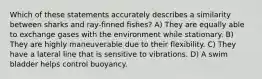 Which of these statements accurately describes a similarity between sharks and ray-finned fishes? A) They are equally able to exchange gases with the environment while stationary. B) They are highly maneuverable due to their flexibility. C) They have a lateral line that is sensitive to vibrations. D) A swim bladder helps control buoyancy.