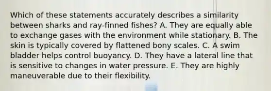 Which of these statements accurately describes a similarity between sharks and ray-finned fishes? A. They are equally able to exchange gases with the environment while stationary. B. The skin is typically covered by flattened bony scales. C. A swim bladder helps control buoyancy. D. They have a lateral line that is sensitive to changes in water pressure. E. They are highly maneuverable due to their flexibility.